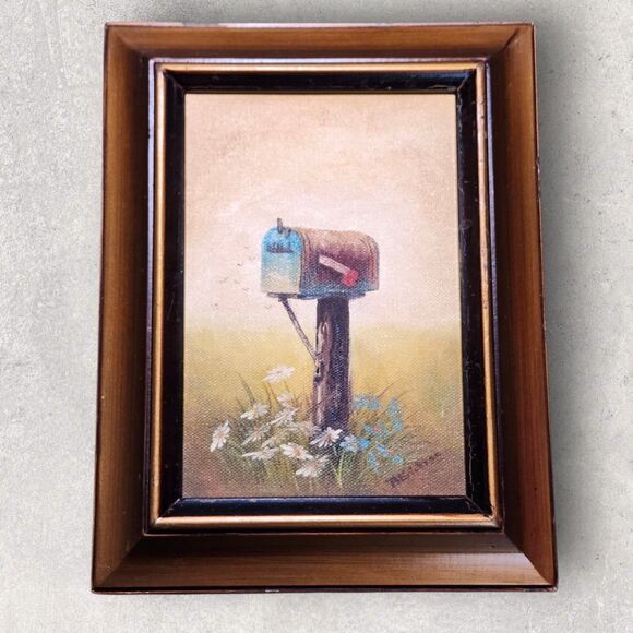 Vintage Barbara Erickson Painting Mailbox Wildflowers Gold Frame 10" Americana - Picture 3 of 9